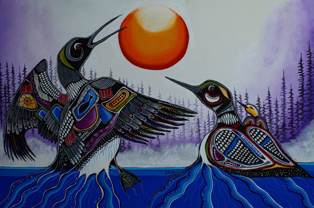 A collaborative group art session led by Jessica Somers, showing participants engaging in community healing and reconciliation through Indigenous Woodland style painting.