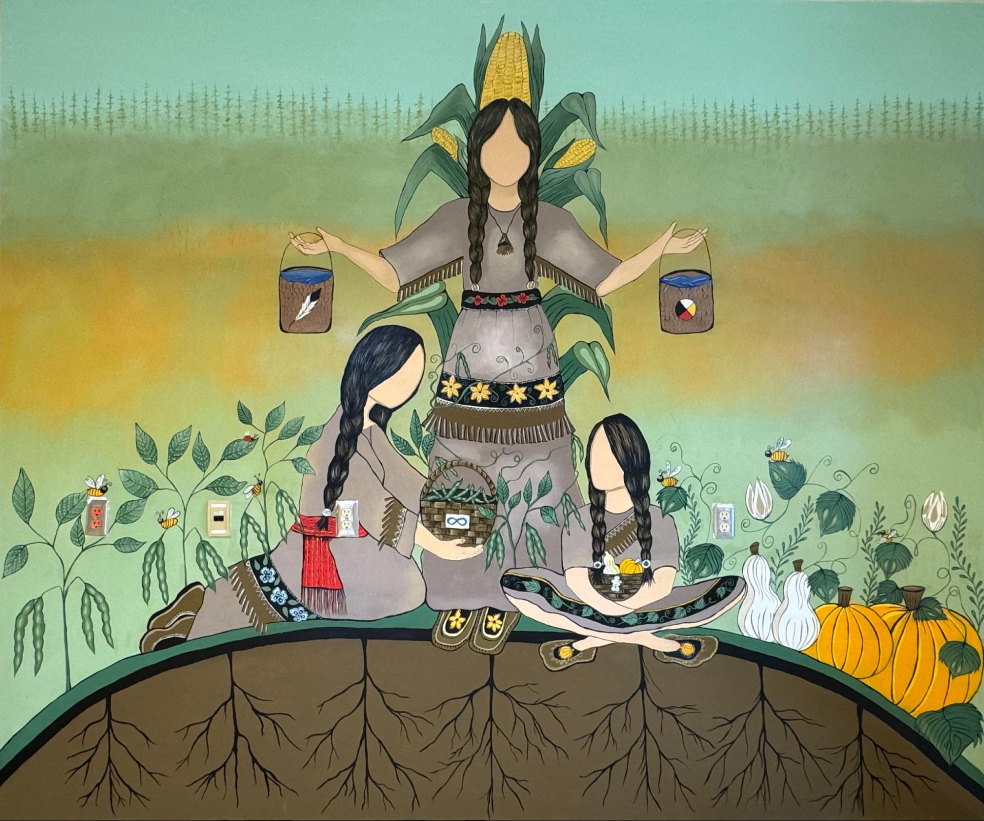 Workshop participants actively planting seeds using traditional Indigenous companion planting methods under the guidance of Focal Point Artistry.