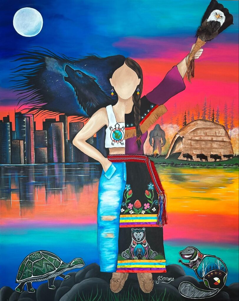 Jessica Somers standing with a completed original canvas, representing the direct connection between the collector and the artist's cultural practice.