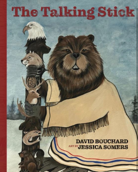 A large moose sculpture in Matachewan, Ontario, painted by Focal Point Artistry in the Indigenous Woodland style, featuring vibrant nature motifs and cultural storytelling.