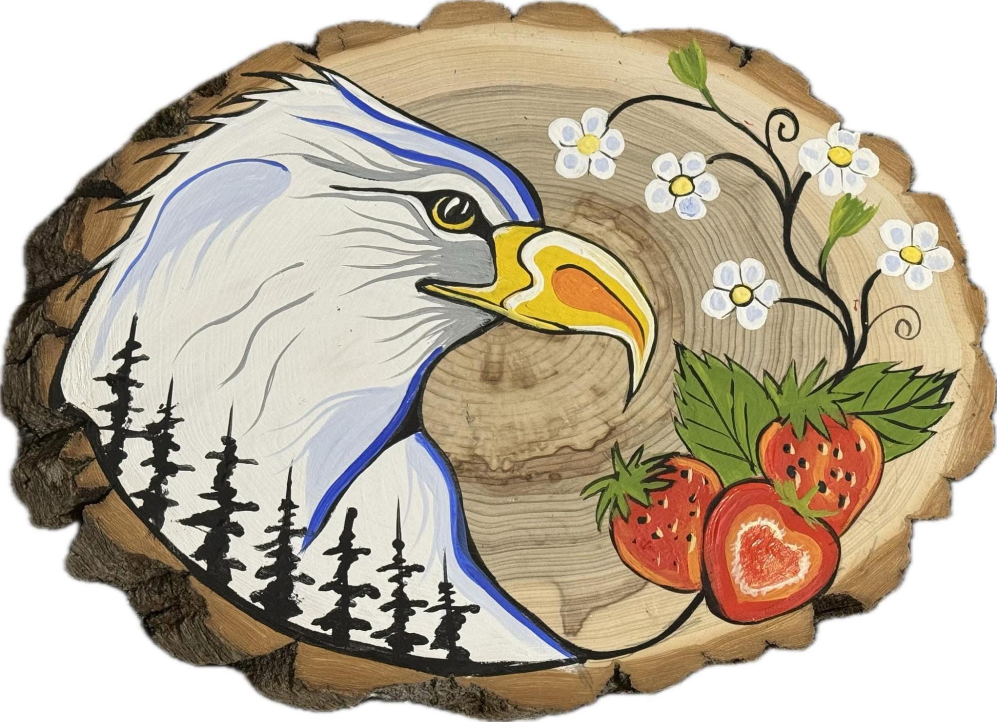 Jessica Somers teaching workshop participants how to identify and respectfully harvest natural materials for Indigenous art and Wabanaki design in an outdoor setting.